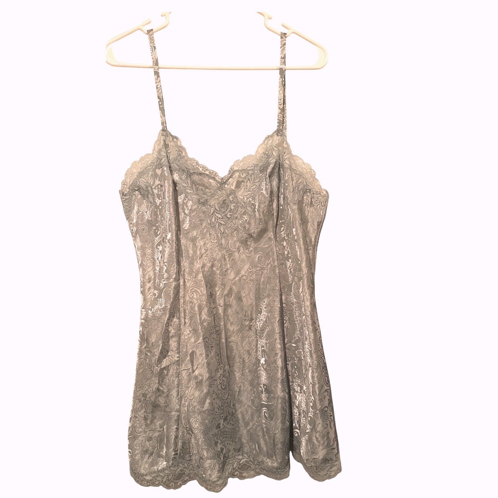 Vtg Victorias Secret Jacquard Lace Trim Chemise Slip Dress Sage Green Womens  L